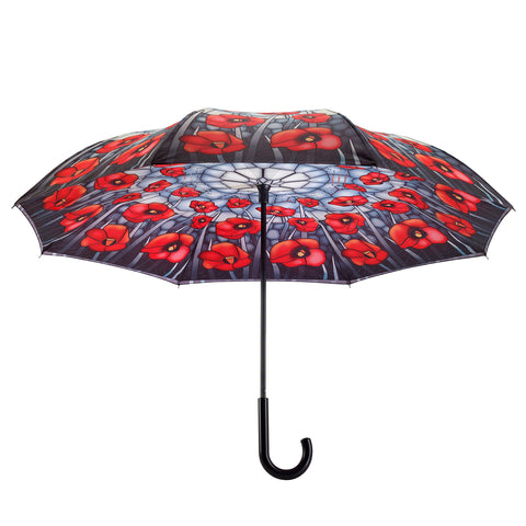 Picture of Stained Glass Poppies Stick Umbrella Reverse Close