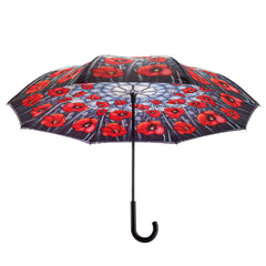 Stained Glass Poppies Stick Umbrella Reverse Close