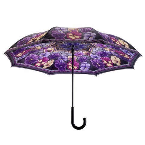 Picture of Stained Glass Pansies Stick Umbrella Reverse Close